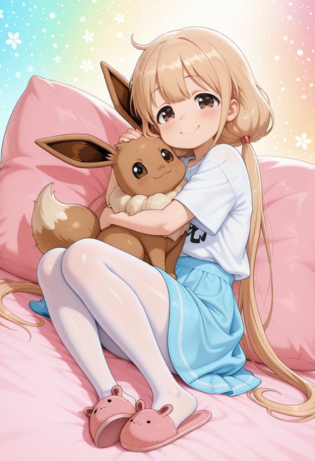 1girl, futaba anzu, pantyhose, skirt, slippers, hug eevee, petting, pillow, looking at viewer, smile, full body,
dutch angle, colorful background, masterpiece, best quality, amazing quality, intricate detail, highly detailed, absurdres, <lora:Kawaii_style-000002:1> Jedkw style, Kawaii