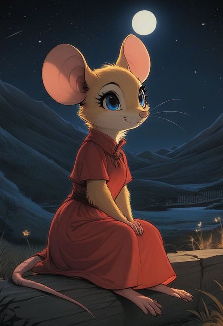 score_9, score_8_up, score_8, (solo), (solo:2), (fluffy:0.8), (feral), outdoors, furry, (((mouse))), female, blue eyes, yellow fur, yellow ears, claws, (fluffy cheeks:0.4), (red dress), cute, in the style of beatrix potter, cel-shading, fca style, hillside, (side view), sitting, (night, dark:1.5), stars, fireflies, backlit, moon, moonlight