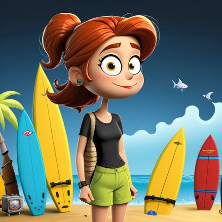 Solid Black background, Beach girl in board shorts with surf board and  fishing gear, super cool, ((top quality,8k wallpaper)),(masterpiece,best quality:1.2),(high_resolution:1.2), black background, cartoon beach people, fishing, funny