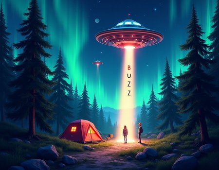 A picture of a beautiful wooded area. There's an aurora borealis at a campsite, and a ufo is at the scene, beaming someone up to their ship. The word "BUZZ" is written on the beam of light.

This is a modern colorful surreal, atmospheric piece.