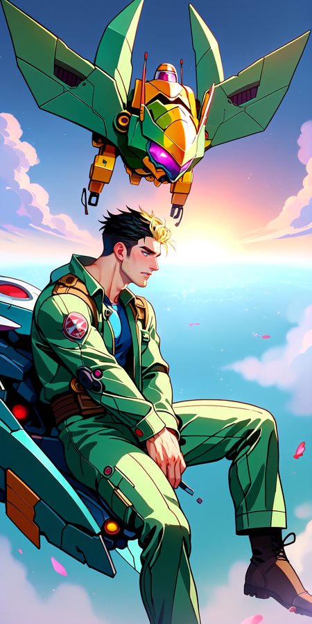 (zPDXLxxx), (zPDXL2), source_anime, rating_explicit, Expressiveh, neodark, D4rC0m, <lora:score9DoraForPony_v20:1>, <lora:Expressive_H:1>, <lora:SDXLFaeTastic2400:1>, <lora:darkstyle:1>, <lora:D4rC0mXLP:0.9>,detailed_background,outdoors,highres,green jumpsuit,lewis smith,male focus,short hair,facial hair,falling,from side,jumpsuit,yuuki bakuhatsu bang bravern,multiple boys,couple,bravebravern,yaoi,black hair,spoilers,mecha,profile,looking at another,eye contact,2boys,blonde hair,sideburns stubble,bravern,ao isami,stubble,robot,transformation,boots