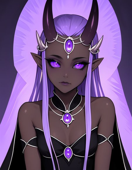 te'kharoth, third eye, tail, horns, violet eyes, 1girl, solo, upper body, regal, queen, crown, sitting, throne,  colored skin, dark skinned female, silk dress, capelet, illuminated, mystical aura, expressive eyes, cinematic, masterpiece,, 1girl, perfectly flat chest, tiny perky tits