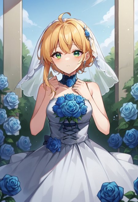 score_9, score_8, score_7, source_anime, wedding dress, medium breasts, blue flower, green eyes, ahoge, hands up, closed mouth, rose, blue rose, blonde hair, sky