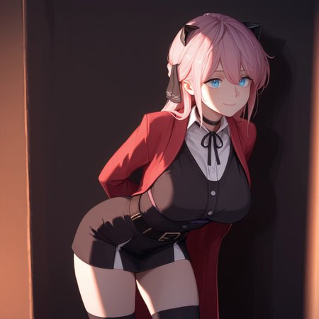 masterpiece, best quality, very aesthetic, anime, detailed, sinfully stylish, dramatic lighting, long shadows, soft light, 1girl, solo, Vivi, pink hair, blue eyes, large breasts, choker, black ribbon, red coat, white shirt, bangs, short skirt, black thighhighs,  black dress, smiling, leaning forward, hands behind back