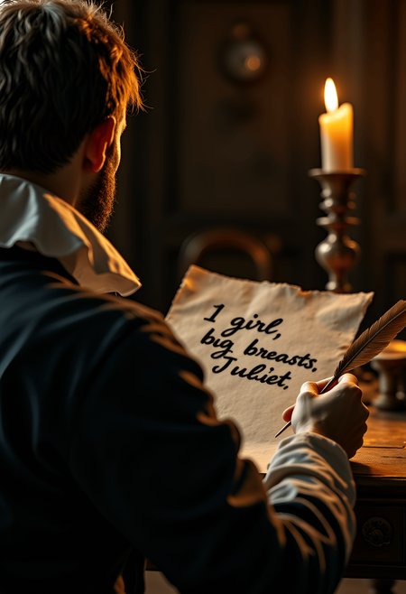 A humorous scene set in a dimly lit, old-time study, viewed from behind William Shakespeare as he sits at a large wooden desk. The back of Shakespeare’s head, with his iconic ruff collar, is visible, along with his hands holding a quill (feather), as he writes on a piece of aged parchment. The paper is angled just enough so that the viewer can see the words "1girl, big breasts, Juliet" written in his distinctive handwriting - big font. The flicker of candlelight casts shadows around the room, highlighting the absurdity of Shakespeare’s focus on such a modern phrase while deep in thought. His posture and expression suggest a serious dedication to his work, despite the playful content of his writing