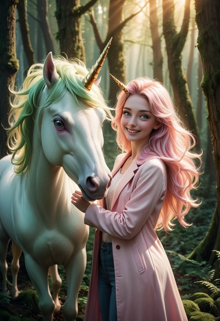(medium full shot) of (enchanting slender unicorn), light green eyes, pastel pink silky coat, twisted horn, flowing mane, golden hoofs ethereal glow, set in  a dense enchanted forest, with towering trees, magical creatures, shafts of sunlight, during a sunset, woman smiling, ,Masterpiece,best quality, raw photo, realistic, very aesthetic