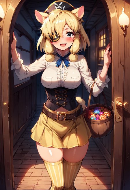 1girl, ((solo)), best quality, ultra-detailed, extremely detailed, perfect anatomy, masterpiece, score_9, score_8_up, score_7_up, Expressiveh, alpaca suri (kemono friends), alpaca ears, hair over one eye, bangs, blonde hair, grey eyes, sidelocks, hair tubes, hair bun, tail, short hair, horizontal pupils, outdoors, neighborhood, trick-or-treating, pumpkins, candles, halloween, trick-or-treater, holding halloween basket, candy basket, front_door, open door, standing at the front door, viewer pov, pirate, light-yellow pirate hat, (pirate hat:1.1), light-yellow pirate outfit, light-yellow blouse, light-yellow skirt with trim, light-yellow thighhighs, thighhighs, striped thighhighs, striped gloves, thigh squish, fully clothed, pirate gloves, pirate boots, belt, accessories, white trimmed sleeves, white trim, curvy, medium breasts, blushing, looking at viewer, soft blush, open mouth smile, cute look, closeup, depth-of-field, ears sticking out of hat, thobrine, shiny skin, yellow eyepatch, (eyepatch:1.1), pirate_eyepatch,