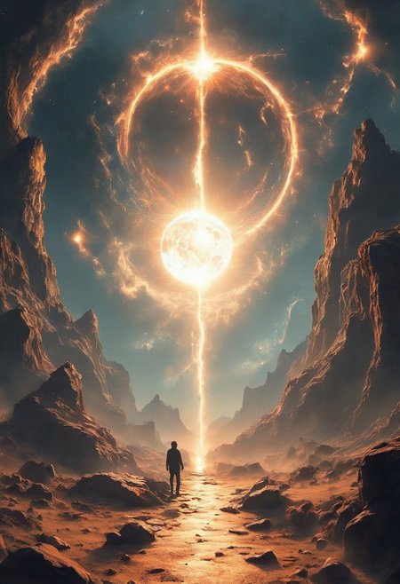 The Moon, centered, casts a dark umbra on Earth, depicting the path of totality. The Sun, in radiant oranges and yellows, forms a stunning corona effect around the Moon, all aligned casting a fading black hole sun halo in the space, orbit space vfx, exosphere, cosmic, astral, quantic, cold and warm,energy-filled epic science fiction film concept digital art by maciej kuciara and vincent di fate,1998 NASA photo, hasselblad electric camera 70mm film, skylab flashlight photography, in the style of Interstellar by Christopher Nolan
OverallDetailXL, flux-style