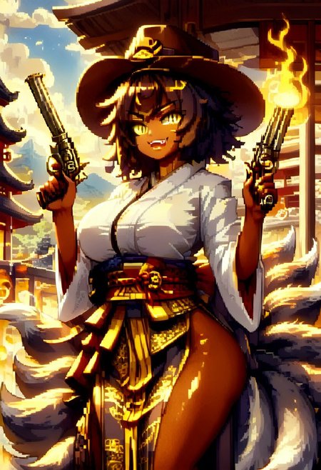 (score_9), score_8_up, score_7_up, 
anime
1girl,
(dark brown skin, beautiful, black hair, curly hair (large round afro: 1.4), (((Kitsune)), Fox ears, ((fox tail)), large tail, (nine tails), (multiple tails), saddle brown tails:1.2, black fur tips: 1.6), (yellow eyes, slit pupils: 1.4), (glowing eyes: 0.8), eyesHD, high gradient eyes, high definition eyes, teeth with fangs, black claws, 
Black and gold cowboy hat, shrine maiden outfit, bandolier, gunatyou, holding weapon, holding gun, holding a revolver, 0.44 Magnum Revolver, ((GunMonk)), one eye closed, wink, magic musket
gigantic breasts, round breasts, huge ass, sexy, thick thighs), black lipstick, silver jewelry, Excited grin,
blue flames
desert, fire, sandstorm
aduare_style, pixel art