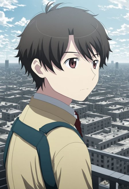 high resolution, solo, best quality, 1Boy, Inaho Kaizuka, Black Hair, Brown Eyes, high-rise, top of building, landscape, depth of field, OverallDetail