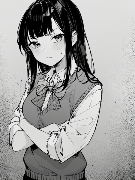score_9, score_8_up, score_7_up,  
1girl,  monochrome, sweater vest, bowtie, white shirt, short sleeves, school uniform, standing,  black hair, long hair, frown, closed mouth, looking at viewer,  crossed arms,