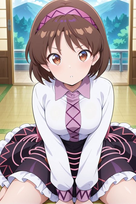 absurdres, highres, masterpiece, best quality, amazing quality, official anime artwork, screencap, anime screencap, indoors, looking at viewer, dynamic pose, 
 <lora:Tsukomo-Yatsuhashi_Illustrious:1> tsukumo yatsuhashi, 1girl, solo, brown eyes, brown hair, short hair,, white shirt, long sleeves, black skirt, frilled skirt,