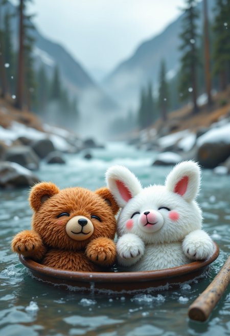 Lots of little cute bear dolls, brown bear, white bear, soaking in a big river, river deep in the mountains, hot spring, winter, snow falling, open air bath, neck-deep in hot water, eyes closed, smiling, smiling, mouth open, relaxed, childlike atmosphere, clay model Image, mountain top, steam, red cheeks, large amount of steam from river, wide angle, bird's eye view,
aidmafluxpro1.1