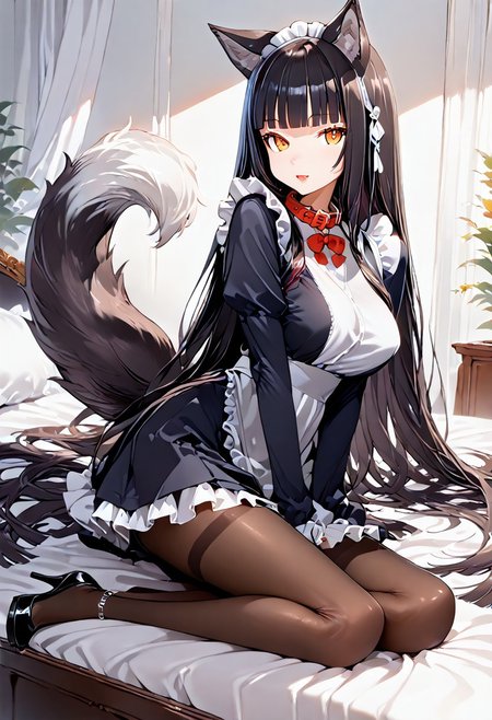 score_9, score_8_up, score_7_up, best quality, source_anime BREAK,1girl
(((hime cut hair, very long hair,wolf tail, wolf ears))), large breast,high heels,maid dress,Collar