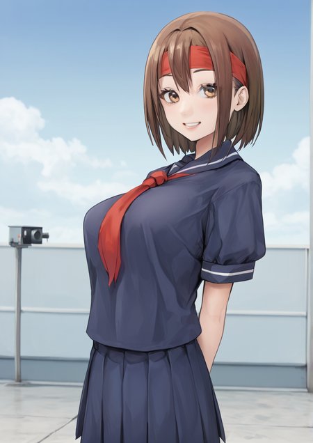 1girl, kasugano sakura, huge breast, furry female, furry, arms behind back, blue skirt, blue sky, breasts, brown eyes, brown hair, camera, cloud, cloudy sky, day, headband, holding, holding camera, looking at viewer, outdoors, parted lips, pleated skirt, puffy short sleeves, puffy sleeves, sailor collar, school uniform, serafuku, short hair, short sleeves, skirt, sky, smile, solo, teeth,<lora:fuguta-kemasuo:1>
