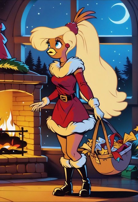 Goldie, big hair, beak, bird girl, solo, blonde hair,bird  girl, long hair,1girl, red dress, furry female, dress, smile, furry, solo, christmas,blue eyes, fur, night, fur trim, fire, fur-trimmed dress, long sleeves, window, breasts, boots, santa costume, standing, black footwear, fireplace, gloves, fur-trimmed sleeves,blonde hair, sky, star \(sky\), bag, alternate costume, looking to the side, closed mouth, night sky, belt, happy, santa dress, small breasts, indoors, medium breasts
score_9, score_8_up, score_7_up, score_6_up <lora:GoldieRockaPony1.0:0.8>