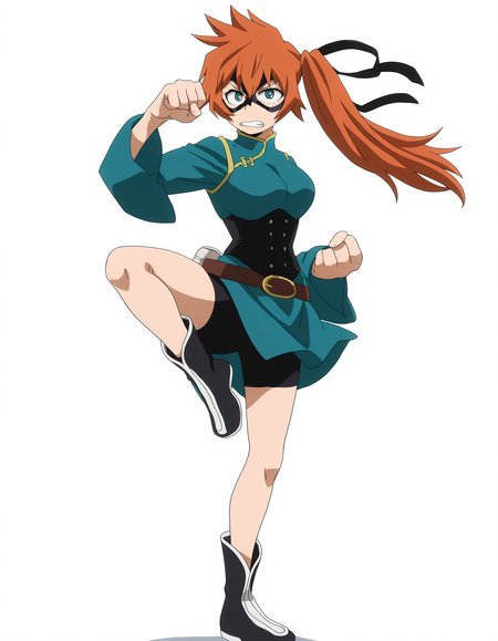 solo, full body, perfect composition, shadows, shading, <lora:anime_screencap-Illustrious:0.65> anime screencap, anime coloring, very aesthetic, absurdres, zPDXL, <lora:Pony_DetailV2.0:0.5> <lora:illustrious_quality_modifiers_masterpieces_v1:1>
<lora:ItsukaK:1> 1tsuk2, 1girl, teal eyes, domino mask, side ponytail, orange hair, hair ribbon, female focus, concentrating, defined lips, clenched teeth, fighting pose, martial arts pose, one hand raised, giant fist, large fist, standing on one leg, leg raised, punch, clenched fist, 
h3r0_outfit, chinese clothes, turquoise dress, yellow trim, long sleeves, black corset, brown belt, pouch, black shorts, bike shorts, black boots
white background, simple background,
