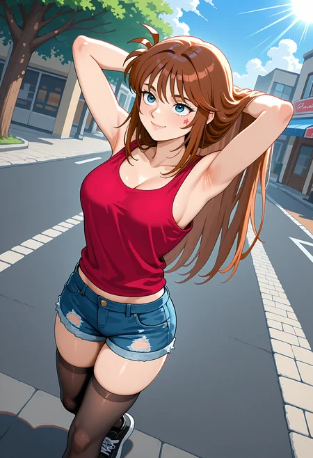 best quality, amazing quality, perfect quality, high quality, masterpiece, absolutely eye-catching BREAK
<lora:Elevator_Action_Returns_-_Edie_Burret:1> ElevatorEdie, blue eyes, brown hair, long hair, wispy bangs, hair sticking out, star on cheek, medium breasts BREAK
red tank top, loose shirt, denim shorts, black thighighs, black sneakers BREAK
outdoors, blue sky, clouds, tree, street, shop, sunbeam BREAK
1girl, solo, walking, smile, arms behind head, looking ahead, dutch angle, from above, cowboy shot