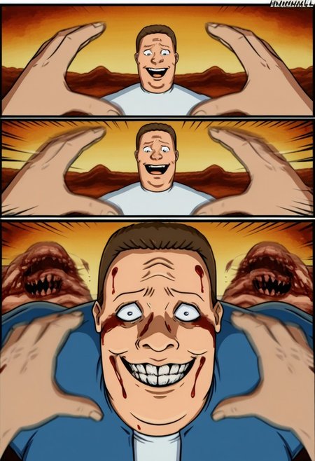 incrssnootchallenge, comic, pov hands, motion lines, motion blur, 1boy, hank hill, white shirt, belt, blue jeans, psychotic smile, evil expression,bloody eyes, (bulging eyes:1.1), smiling at viewer,(blood on face:1.1), grin, evil smile, Sinister_Smile, shadow on the face, Yellow_Teeth, Macabre, Terror, Menacing_Smile, Disturbing_Expression, Grotesque_Style, Intense_Colors, Dark_Contrast,