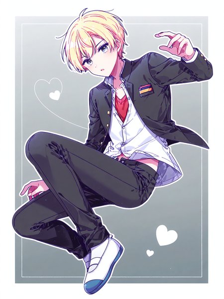 mei \(meiday mise\), <lora:YoshikiXL:1> Yoshiki_CoPa, 1boy, school uniform, gakuran, unbuttoned, black pants, short hair, badge, dark grey eyes, dynamic pose, uwabaki, 
full body, gradient background, heart, floating, border, white outline, solo <lora:cfg_scale_boost:0.9>