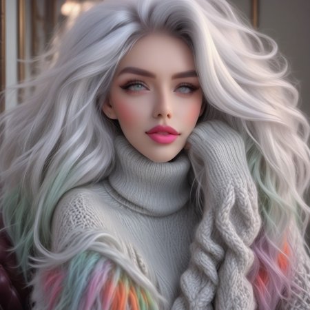 lips, white hair, looking at viewer, medium breasts, parted lips, aran sweater, multicolored hair, turtleneck, grey hair, white sweater, sweater, grey eyes, cable knit