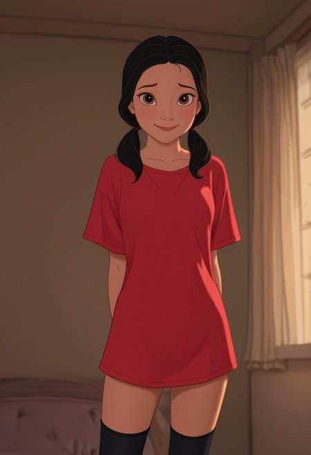 DisneyRenstyle, DISNEY_ANIMATION,
1girl, 18 yo, medium length flowy black hair in pigtails, Bright Red pajama shirt, Leggings, high socks,  cowboy shot,standing, perfect eyes, beautiful eyes, detailed eyes, adorable eyes, small breasts, girl's bedroom, indoors, afternoon, from front, realistic proportions, natural lighting, looking at viewer,shy smile, submissive,