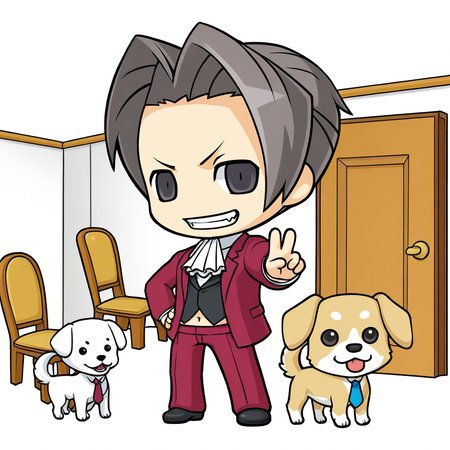 Miles Edgeworth, dark eyes, standing, dog, male, short hair, chibi, door, necktie, v, transparent background, chair, indoors, navel, teeth
