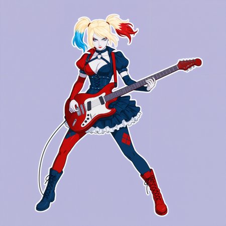 masterpiece, best quality, pastel colors, 80's theme, colorful, thick outline, vector graphics, closed mouth, looking at viewer, serious, 1girl, solo, harleyqbak, short twintails, multicolored hair, blonde hair, red hair, blue hair, blue eyes, pale skin, makeup, eyeshadow, lipstick, asymmetrical clothes, multicolored clothes, choker, o-ring, cleavage, puffy short sleeves, armlet, red vambrace, single vambrace, single elbow sleeve, corset, frilled skirt, asymmetrical legwear, pantyhose, holding instrument, electric guitar, cross-laced footwear, asymmetrical footwear, boots, dynamic pose, full body   <lora:Harley_Quinn_Batman_Arkham_Knight:0.6>