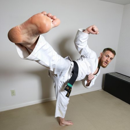 A Conor Anthony McGregor, including a black belt, is performing a high kick.   <lora:kickGirl:0.7>,soles of feet