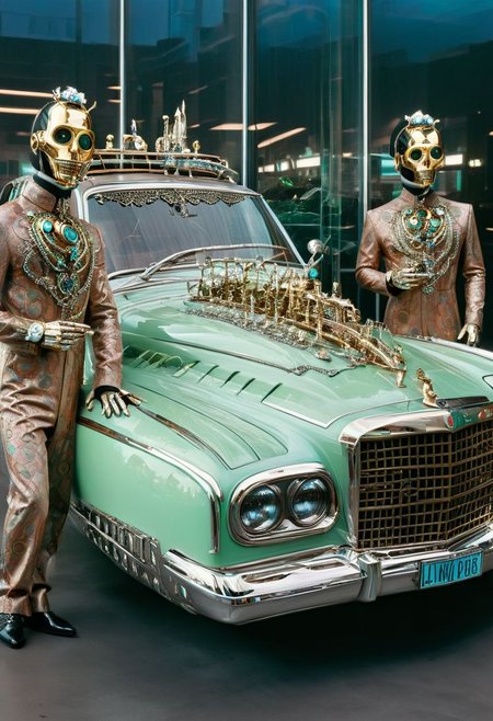 An incredible award winning experimental cinematic still, Three brave men with bell jars for gigantic heads, they have huge freakish eyes, wearing delightful stylish jumpsuits by Gucci, posing in front of a stylish futuristic lowrider hoover car with etched uranium glass windows, 1970s science fiction, dramatic cinematic moody lighting, full soft offset printing, psychedelic trip, cursed image, masterpiece, museum quality, Robert Rauschenberg rococo Style, RococoPunkAI