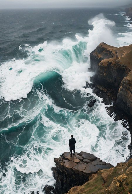 A hauntingly beautiful photograph portrays a solitary figure standing on the edge of a cliff, overlooking a vast expanse of crashing waves and turbulent seas. The figure's posture exudes a sense of vulnerability and strength, reflecting the complex interplay of love and pain in the human experience. The image captures the raw emotion of the moment, inviting viewers to contemplate the beauty and fragility of life's most profound emotions