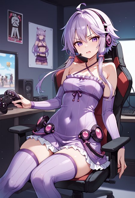 score_9_up, score_8_up, score_7_up,
 <lora:YuzukiYukari_Uzai_V1:1>
yuzuki yukari, purple eyes, purple hair, ahoge, bangs, short hair with long locks, hair intakes, hair ornament, small breasts, 
collarbone, criss-cross halter, breasts, halterneck, covered navel, bare shoulders, 
sleeveless dress, purple dress,  halter dress, Long sleeve, purple sleeve, zettai ryouiki, ribbon, thighs, sleeveless,  purple thighhighs, frills, 
Angry Video Game Nerd,
Streamer room, gaming chair, gaming PC, game equipment, controller, TV monitor, PC monitor, headphones, headset, anime poster, game poster,
(mature female:1), huge brests:1,