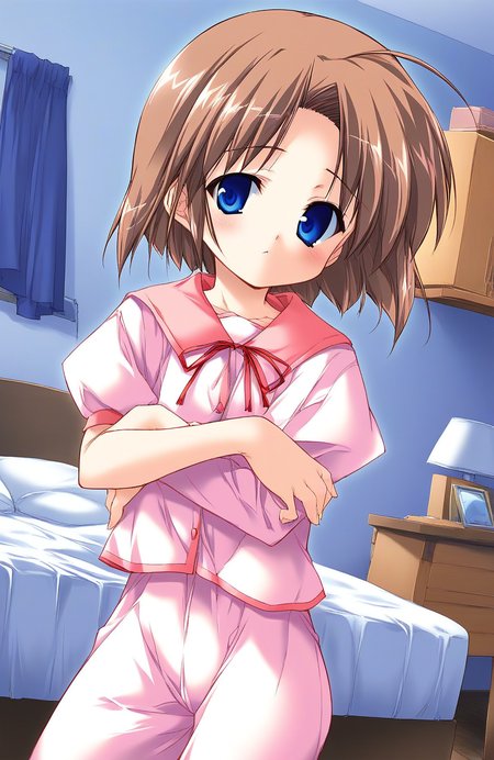 score_9, score_8_up, score_7_up, source_anime, rating_explicit, BREAK   <lora:Shiki_Akimi_Ver2.0_XL:1> ShikiAkimi, brown hair, blue eyes, short hair, short stack,
 solo, bed, pink pajamas, indoors, crossed arms, room,