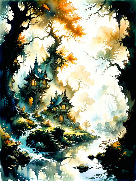 famous artwork inspired by (eric canete:1.1) and (arthur rackham:1.1), watercolor, whimsical fantasy world, a serene misty glade surrounded by gnarled trees with sprawling branches, a gentle stream flows through the scene, along the banks, whimsical homes are built into the roots of the trees, intricate, hidden fairy-tale world, highly detailed, quaint, dappled sunlight, <lora:midjourney_mimic-xl-by_andrexsel:0.6> <lora:more_artful-xl:0.64> <lora:lyco-style-envydramaticlightingxl01_digital_art-xl:0.64> <lora:envybetterhiresfixxl01-xl:0.0:hr=1.0>
