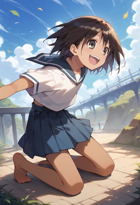 score_9, score_8_up, score_7_up, best quality, masterpiece, source_anime, zPDXL2, BREAK , 1girl, solo,  sekiuchi maria tarou, serafuku, barefoot ,dark skin,  Kneeling with head thrown back ,   <lora:sekiuchi_maria_tarou:1>