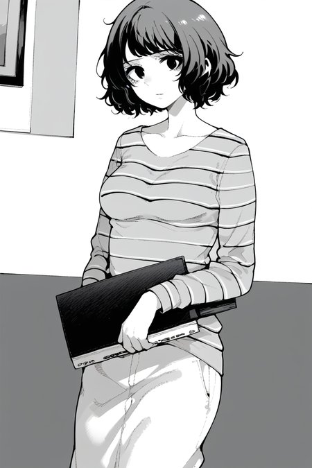 score_9, score_8_up, score_7_up, score_6_up,
 <lora:Hagi-giha_pony:1> hagi-giha, 1girl, greyscale, monochrome, solo, short hair, breasts, striped, striped shirt, medium breasts, shirt, holding, looking at viewer, collarbone, long sleeves, messy hair