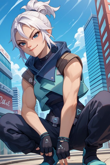 score_9, score_8_up, score_7_up, score_6_up, source_anime, 1girl, solo  <lora:valorantjett-pdxl-nvwls-v1-000005:1> valJett, white hair, short ponytail, blue jacket, sleeveless, cropped jacket, black bodysuit, belt, black pants, black gloves, fingerless gloves, looking at you, smirk, waving, blue sky, upper body, cityscape, crouching