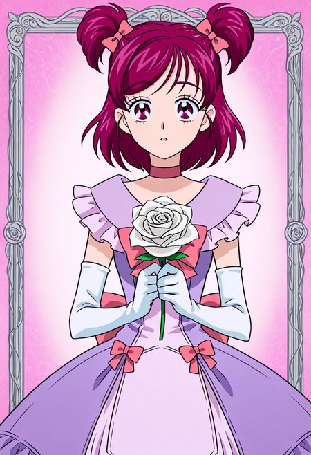 zPDXLx, mur4k4mi-ip,anime screencap, anime art style, yes precure 5, yumehara nozomi, dress, 1girl, flower, two side up, gloves, solo, pink hair, bow, rose, choker, elbow gloves, dress, eyelashes, white rose, short hair, pink bow, purple eyes, pink eyes, pink choker