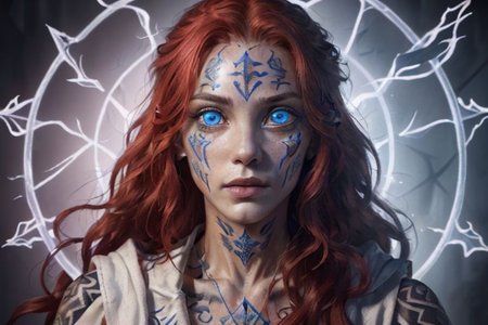 bright red hair, human female, (feminine:1.7), (beautiful face, detailed face:1.6), (beautiful eyes, detailed eyes:1.7), (looking at viewer, eye contact, intense:1.6), (long hair, red hair, curly hair:1.3), , ((masterpiece, best quality, high resolution, realistic, best quality,)), photo realistic, Perfect Face, (detailed face). <lora:GoodHands-vanilla:0.6> <lora:add-detail-xl:0.8>, mage, (Dress White military uniform coat), dagger, rune dagger, glowing runes, , (((glowing magic symbols tattoos, religious tattoos))), ((face tattoos)), glowing tattoos, stone tower in the background