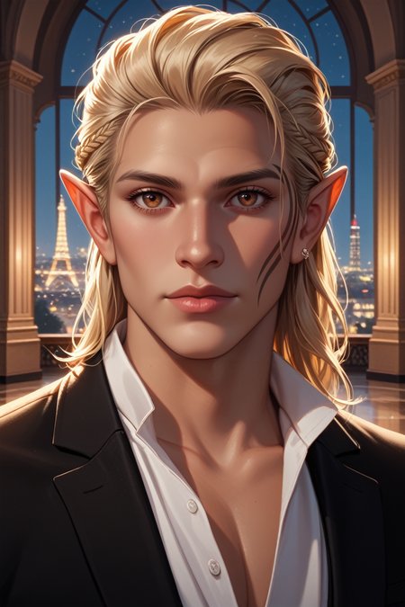 score_9, score_8_up, score_7_up,
<lora:DAZevran:0.8>
DAZevran, 1boy, blonde hair, brown eyes, pointy ears, tanned skin, face tattoo, looking at viewer, in a modern high-rise apartment, wearing a sleek tuxedo, overlooking a bustling city at night, floor-to-ceiling windows, high contrast lighting, elegant and refined