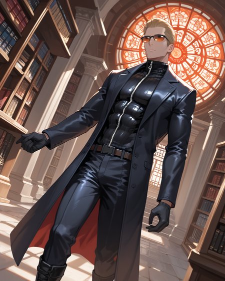 PonyScores7, source_anime, ah1, best quality, (masterpiece:1.4), (high quality:1.4), sharp focus, 4k, absurd resolution, <lora:albertwesker-guy-PONYv1:0.8> albertwesker, albert wesker, 1boy,  blonde, black gloves, (sunglasses:1.3), belt, black coat, black pants, looking at viewer, toned, athletic, fit, slicked back hair, black turtleneck, zipper, mature male, (graphene textured clothes), black boots, (conflict resolution specialist, in professional attire with a conflict resolution plan and a focused look), (temple, Chamber of Secrets, Hidden chamber accessible only to the initiated, walls adorned with protective sigils and wards, shelves holding forbidden tomes locked behind iron grates, and the whisper of arcane incantations echoing through the darkness), bad-hands-5, ((Anxious expression)), <lora:xl_more_art-full_v1:0.2>, <lora:shinyskin2:0.2> glistening skin, <lora:aesthetic_anime_v1s:0.2>, <lora:Expressive_H:0.2> Expressiveh, <lora:hairdetailpxl:0.2> hairdetailpxl, <lora:detailxl:0.2> detailxl, (Dutch Angle (from the side) view Extreme Close shot (focus on head)), (focused, intense glare), slit pupils, short hair, (reddish orange eyes), best quality, amazing quality, best aesthetic, absurdres, <lora:expressive eyes:0.2> expressive eyes, <lora:eyedetailpxl:0.2> eyedetailpxl, illustration, Volumetric_Lighting, ultra-detailed, very aesthetic, intricate details, 8k, masterpiece, best_quality, (angular face, sharp_featured face), <lora:Eyes_High_Definition:0.4> EyesHD,
