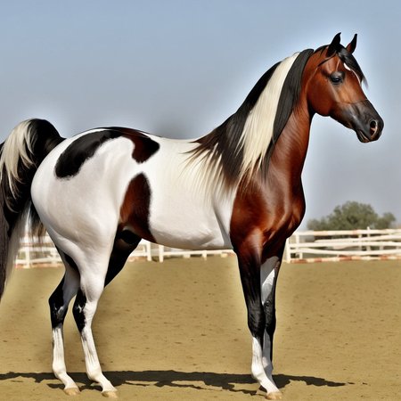 arabian horse, pinto standing, posing, full body, <lora:Horse_Breeds-000012:1>