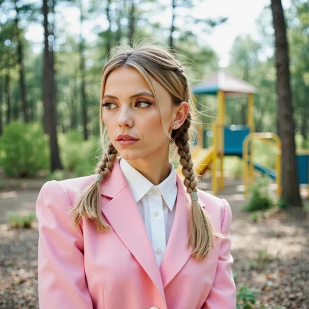 analog film photo watercolor painting ethereal fantasy concept art of  surrealist art analog photography, analog photo, a stunning woman in an eerie abandoned playground in the background, she's wearing a pink women's suit, braided hair, a white blouse and a pink headlace. A candid, close up shot <lora:Riley_Voelkel:1> rileyv . dreamlike, mysterious, provocative, symbolic, intricate, detailed, magnificent, celestial, ethereal, painterly, epic, majestic, magical, fantasy art, cover art, dreamy . vibrant, beautiful, painterly, detailed, textural, artistic, RAW candid cinema, 16mm, color graded portra 400 film, remarkable color, ultra realistic, textured skin, remarkable detailed pupils, realistic dull skin noise, visible skin detail, skin fuzz, dry skin, shot with cinematic camera . faded film, desaturated, 35mm photo, grainy, vignette, vintage, Kodachrome, Lomography, stained, highly detailed, found footage