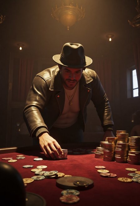 A dimly lit, velvet-draped train car interior serves as the setting for a high-stakes game of dice, where a muscular man, clad in a leather jacket and a fedora, intensely focuses on the roll of the dice on a rich, wooden poker table, surrounded by stacks of gold coins and chips, amidst a haze of cigar smoke, the sound of clinking glasses and murmurs of onlookers in the background, with ornate, brass lanterns hanging from the ceiling, casting a warm, golden glow on the scene. perfect anatomy, approaching perfection, dynamic, highly detailed, smooth, sharp focus, intricate details, highly detailed, mysterious, epic, cinematic, digital art, 4k,
 aidmaGTA6