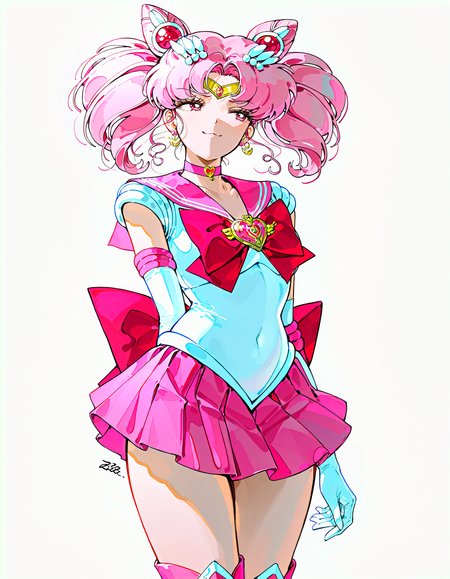 sailor chibi moon, bishoujo senshi sailor moon, 1girl, red eyes, pink eyes, pink hair, cone hair bun, short hair, twintails, double bun, sailor senshi uniform, white gloves, elbow gloves, pleated skirt, pink footwear, knee boots, pink sailor collar, back bow, heart choker, magical girl, magical girl, heart brooch , cowboy shot, looking away, smug, simple background, white background, 
<lora:z3zz4_075:0.75>, z3zz4, 
(masterpiece, best quality, very aesthetic, highres, absurdres,:1.4), 
<lora:spo_sdxl_10ep_4k-data_lora_webui:0.85>, <lora:illustrious_noobai_epsilon_pred_1_best_quality_v1:0.75> , <lora:add-detail-xl:0.35> ,
<lora:ponyv5_noobE11_1_adamW:0.35>, <lora:lora:0.5><lora:HandFixer_pdxl_Incrs_v1:1><lora:HandFixer_pdxl_Incrs_v1:1><lora:HandFixer_pdxl_Incrs_v1:1><lora:HandFixer_pdxl_Incrs_v1:1>