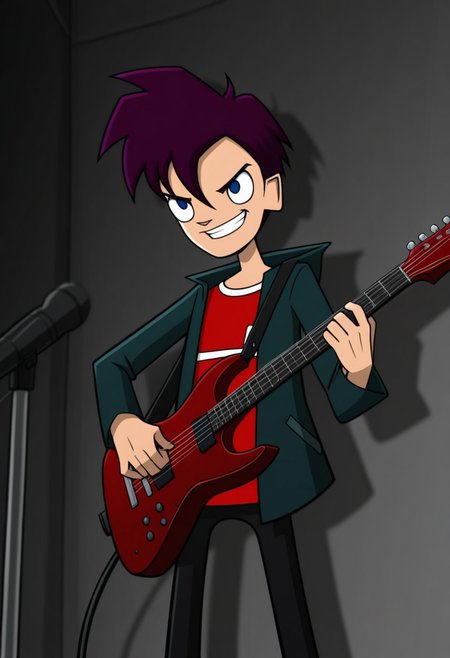 masterpiece,best quality,amazing quality, source_anime, 
RandyCunningham, 1boy, male focus, solo, blue eyes, purple hair, shirt, red shirt, jacket, green jacket, open jacket, grin, guitar,