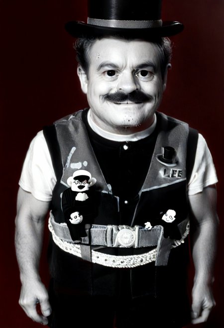 ((((((black and white,black shirt, belt, stubble, red theme, shorts, greyscale, 1boy, life vest)))))),((small man with mustache, top hat, kenbis, chibi, chibi, male only, male, male chibi, monocle, art deco, thick mustache, comically large mustache, handlebar mustache, tiny, multiple men, shrunk, microxl, some little guys,  high angle, from above)), bwMovies, realistic, photo, vintage photo, ((very small man, small man, a small man, a man who is small, a small man)), an unapologetically small human male, black and white, smiling, very happy, euphoric, ecstatic, wonderful small men, large smile, huge smile