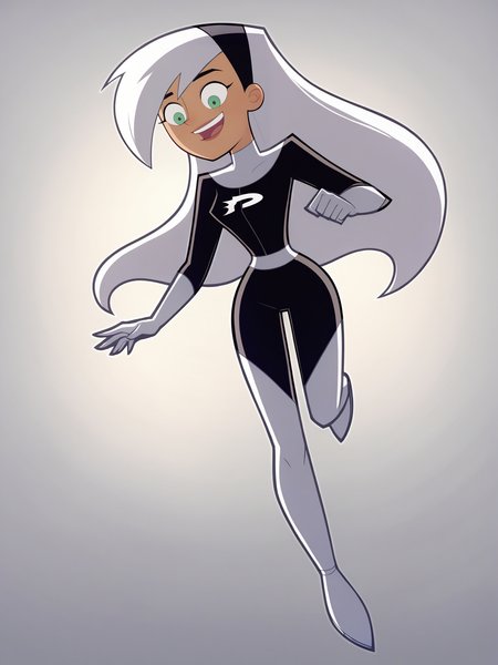 score_9, score_8_up, score_7_up, score_6_up, score_5_up, source_anime, smooth_anime,
danny_phantom, 1girl, solo, green_eyes, white_hair, hairband, long_hair, bodysuit, dark-skinned_female, gloves, dark_skin, smile, black_background, open_mouth, boots, simple_background, thigh_boots, full_body, multicolored_hair, white_gloves, two-tone_hair, black_bodysuit, black_hairband, breasts, :d, looking_down, white_footwear
 <lora:Danny_Phantom_SDXL:1>