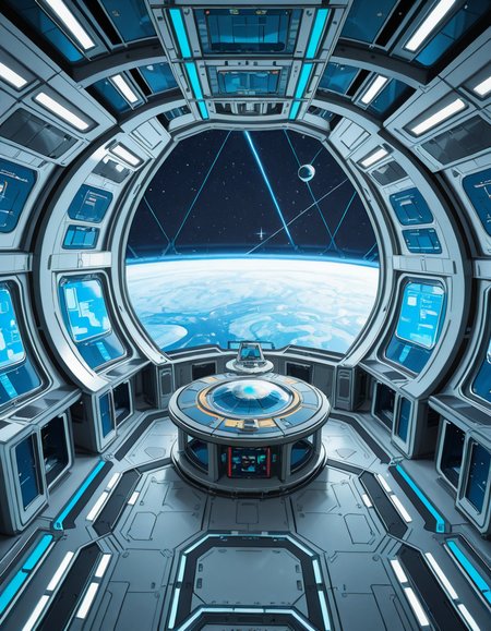 The interior of a massive orbital space station, high above a blue and green Earth-like planet. The setting is a panoramic observation deck with towering reinforced windows that curve around the structure, offering a breathtaking view of the planet below and the star-filled void beyond. The stationâs architecture is sleek and functional, blending advanced human technology with subtle design flourishes â brushed metal walls, glowing interface panels, and clean geometric lines.
Soft white lighting lines the floor and ceiling panels, while ambient blue lights provide a calming atmosphere. Transparent digital displays float in the air, projecting live telemetry, spacecraft traffic, and real-time planetary data in holographic form. In the center of the room, a circular command table displays a rotating 3D projection of the planet and orbital routes.
In the background, the low hum of life support systems and distant radio chatter add to the immersive realism. Cables and utility panels are subtly integrated into the environment, and security doors lead to other compartments of the station. The entire space feels controlled, precise, and filled with purpose â a hub of advanced civilization silently orbiting in the cold beauty of space.<lora:SDXLFaeTastic2400:0.4> <lora:extremely_detailed:0.4> extremely detailed,space station c0ntr0l c3nt3r, <lora:space_station_c0ntr0l_c3nt3r-i:1>, Masterpiece,best quality,hi res,8k,hi res,8k,award winning,(sharp focus, intricate, highly detailed),