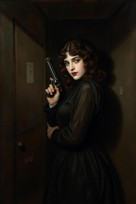 paulcesarhelleu1 illustration. 
a mysterious woman with dark, wavy hair and piercing eyes stands in the shadows of a dimly lit room. She is holding a small revolver with a delicate yet firm grip. Her red lipstick is the only color that stands out in the darkness, her intentions unclear but dangerous.
 <lora:paulcesarhelleu1_cap_d6a3e11:0.8><lora:844399319525196295:0>